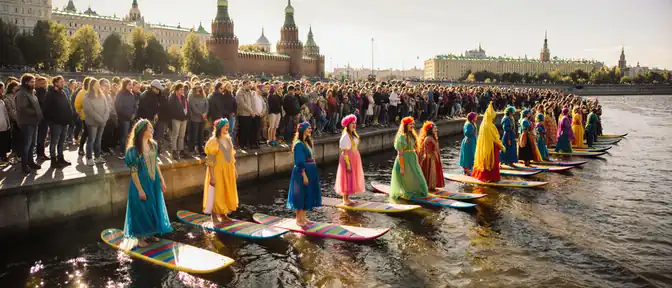 Москва на веселых досках: костюмированный заплыв на сап-бордах в Серебряном Бору